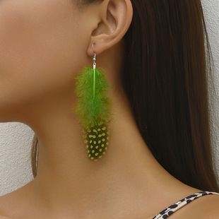 波西米亚民族风天然羽毛气质耳环，度假街拍显瘦时尚耳饰