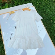 女童短袖连衣裙纯棉白色，简约圆领薄款蕾丝拼接裙，子夏款110-150码