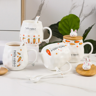 韩式可爱卡通木盖兔子家用陶瓷水杯男女办公室咖啡杯马克杯带盖勺