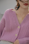 GOJO V领宽松慵懒粉色针织开衫小心机女套头毛衣上衣外套秋冬