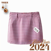 甜酷自制粉色格子短裙半身裙包臀显腿长气质2024温柔风小个子