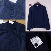 英国奢侈品牌藏蓝色立领蕾丝雪纺，衬衫女长袖，大码宽松上衣日本制