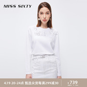 misssixty长袖t恤女手工钉珠，花朵宽松圆领重工，高级感气质上衣