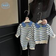 韩版婴儿春秋连体衣洋气时髦条纹针织爬爬服2024宝宝哈衣春装