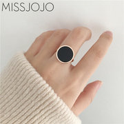 日韩版简约个性夸张大号黑色圆盘圆形钛钢镀18K玫瑰金食指戒指女