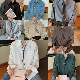 hualun秋季设计感高级休闲灰色衬衫男长袖免烫纯色内搭韩版白衬衣