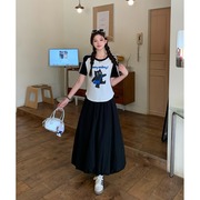 小吉家大码女装夏季胖mm时尚卡通印花插肩短袖T恤显瘦半身裙套装