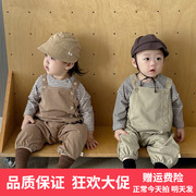 男女宝宝春装衣服2024春季韩版童装婴儿条纹T恤背带裤两件套