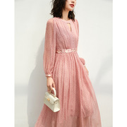 重磅粉色仙女连衣裙女桑蚕丝中袖春夏设计感真丝长裙腰显瘦