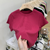 2022夏设计感紧身短款t恤女短袖内搭美式玫红螺纹纯色打底衫