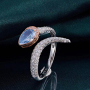 宝创集0.7克拉天然蓝钻石蛇形戒指18K金镶钻蓝眼灵蛇个性彩钻指环
