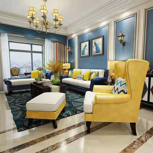 轻奢美式沙发皮布结合乡村地中海风格三人，老虎椅高端小户型客厅