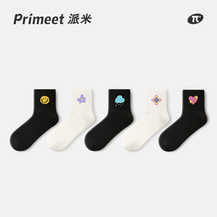 PRIMEET/派米黑色袜子女春季短袜设计感卡通白色运动袜跑步袜棉袜