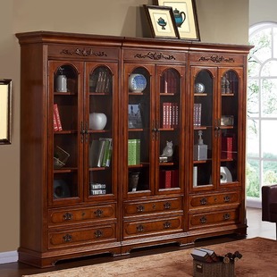 美式实木书柜书房书橱，复古书架带转角落地收纳储物柜欧式组合书柜