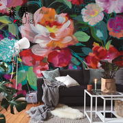 个性油画花卉壁纸美式创意，大花墙纸客厅电视背景定制壁画墙布