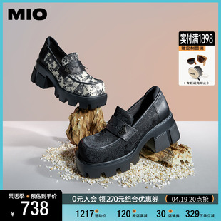 MIO米奥春季圆头高跟深口单鞋新中式国风刺绣显高厚底乐福鞋女鞋