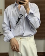 韩版宽松休闲蓝色双条纹，衬衫男款修身商务，方领长袖衬衣正装
