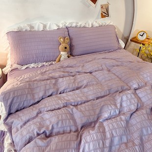 ins公主风紫色床裙花边被套床单，四件套纯色少女，心宿舍床上三件套2