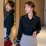 韩版女装甜美公主风翻领，单排扣长袖不规则荷叶，边拼色雪纺衫衬衣