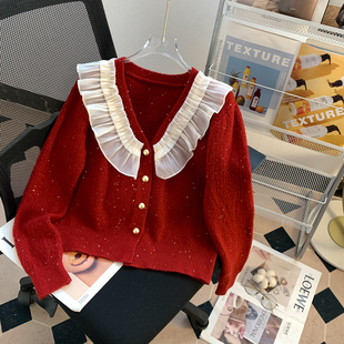 荷叶边v领过年红色开衫，毛衣女(毛衣女，)秋冬2023年设计感时尚洋气外套
