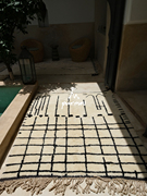 Purmou地毯160x260cm摩洛哥手工羊毛黑线方格中古极简白色地毯