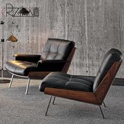 不锈钢真皮单人沙发椅设计师意式极简小户型客厅实木靠背休闲躺椅