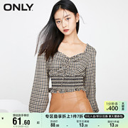 only奥莱夏季泡泡，袖格子收腰显瘦系带，方领衬衫女