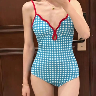泳衣女款纯欲风2023夏连体裙式显瘦遮肚蓝色格子沙滩度假泳装