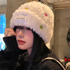 彩色纽扣毛绒帽(毛绒帽，)女秋冬季韩版显脸小百搭针织毛线帽子宽松白色帽子