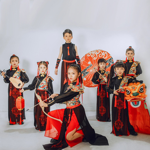 元旦国风女童走秀复古爵士舞嘻哈古典舞合唱服男童中国风演出服装