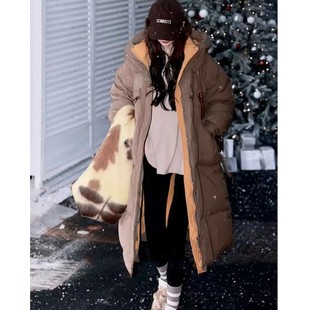保暖加厚白鸭绒宽松常规连帽外套过膝羽绒服女士冬季时尚里外撞色