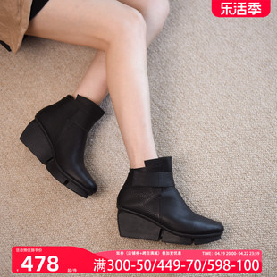 Artmu阿木原创复古真皮厚底高跟短靴女2023踝靴坡跟女靴子