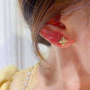 韩国流行10k黄金耳钉，女个性镶钻四叶草，设计螺纹耳饰睡觉不用摘