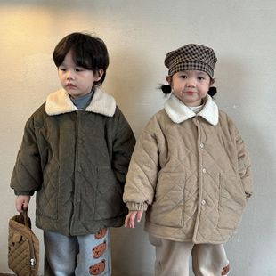 儿童灯芯绒棉服加绒加厚男女童装冬季毛领短款棉衣2023韩版