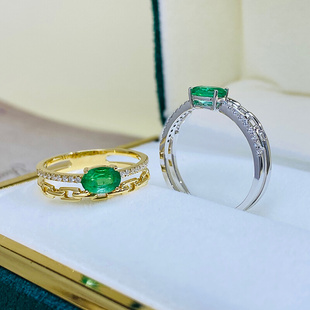 宝创集18k金0.4克拉翠绿色，赞比亚祖母绿戒指钻石，彩宝链条女戒