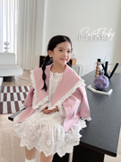 女童西装外套粉色蕾丝小西服2022洋气时髦周岁礼服女宝宝英伦