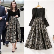 凯特王妃同款法式高级感赫本风方领连衣裙秋季气质小黑裙年会礼服