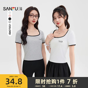 三福短袖女2025新款夏季修身短款撞色方领小个子白色t恤上衣女装