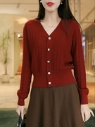 红色针织衫女毛衣外搭开衫宽松高腰设计感单排扣短款减龄百搭上衣