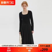 范洛2024春季法式方领针织拼接连衣裙，女设计感气质显瘦小黑裙