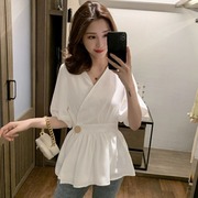 短袖上衣衬衫女2023夏季韩版V领束腰chic风雪纺白色衬衣