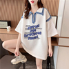 华夫格短袖t恤女夏装韩版宽松大码中长款设计感小众翻领上衣服潮
