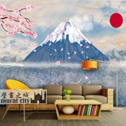 日系樱花富士山壁纸浪漫和风日式风格，墙纸布简约(布简约)花瓣主题背景墙布