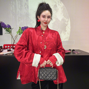 中国风时尚红色棉服女士休闲中式长袖立领双面服外套印花棉袄