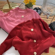 2024新年红色慵懒风糖果色毛衣开衫女韩版时尚外套圆领上衣针织衫