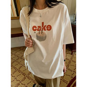 三木社蛋糕印花圆领，短袖t恤女美式复古宽松大版上衣t2024春夏