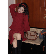 许大晴 复古港风红色毛衣女灯笼袖荷叶边针织裙短裙两件套套装