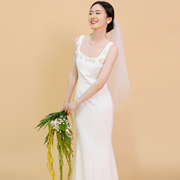 tansshop手工坊系列领口立体花朵，小香风背心长裙，白色礼服裙婚礼