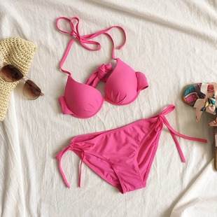 沙滩度假pink粉玫红比基尼，泳衣女钢托聚拢大小胸性感三点式泳装