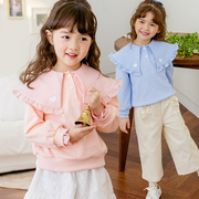 2023春款韩国童装女童T恤卫衣可爱大荷叶领圆领长袖T恤女宝宝卫衣